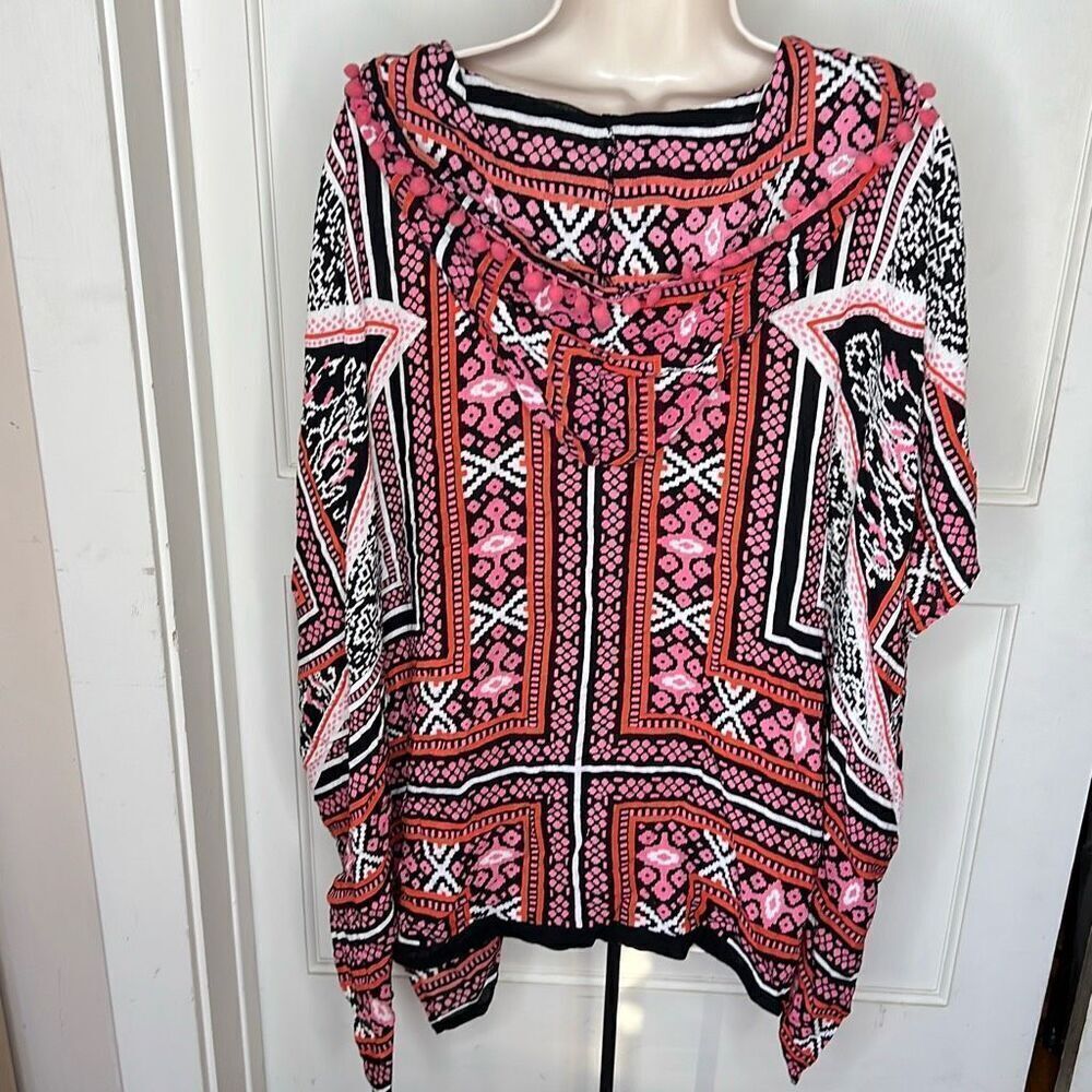 RAGA Kimono Poncho Lightweight Cover Up Pink Orange Boho Hooded Pom Pom Top Medi - Picture 6 of 6